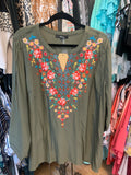 plus size fall blouse in green with front embroidery