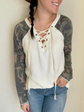 ivory laceup top with camo sleeves