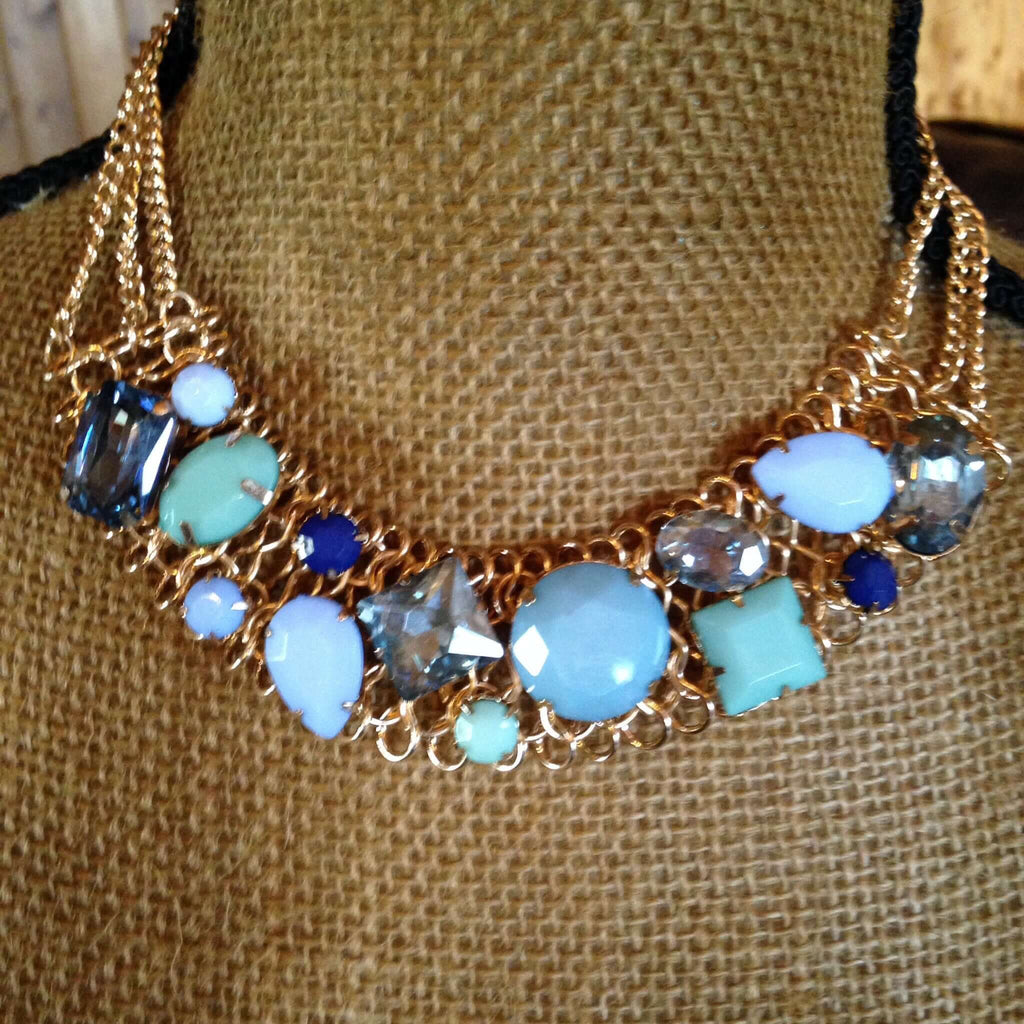 Blue stone and rhinestone statement necklace