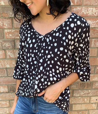 dalmation animal print blouse in black and white at aunt lillie bells