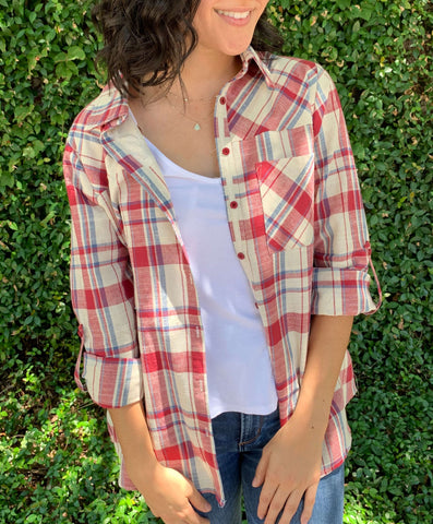 red plaid embroidery top