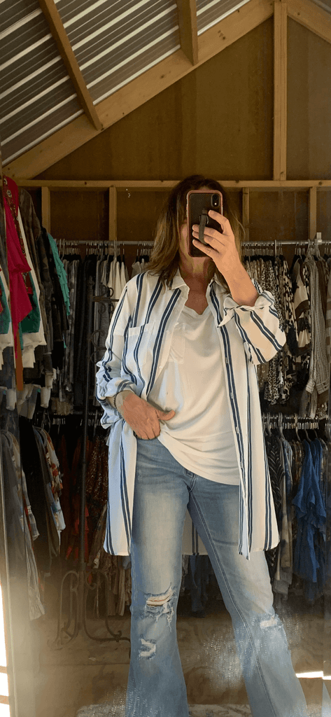 long blue and white stripped top that can be worn as a jacket