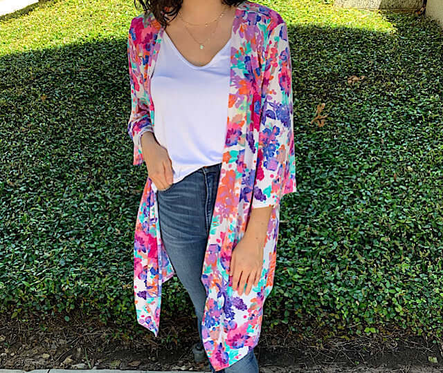 pink florl open front cardigan in our boutique aunt lillie bells