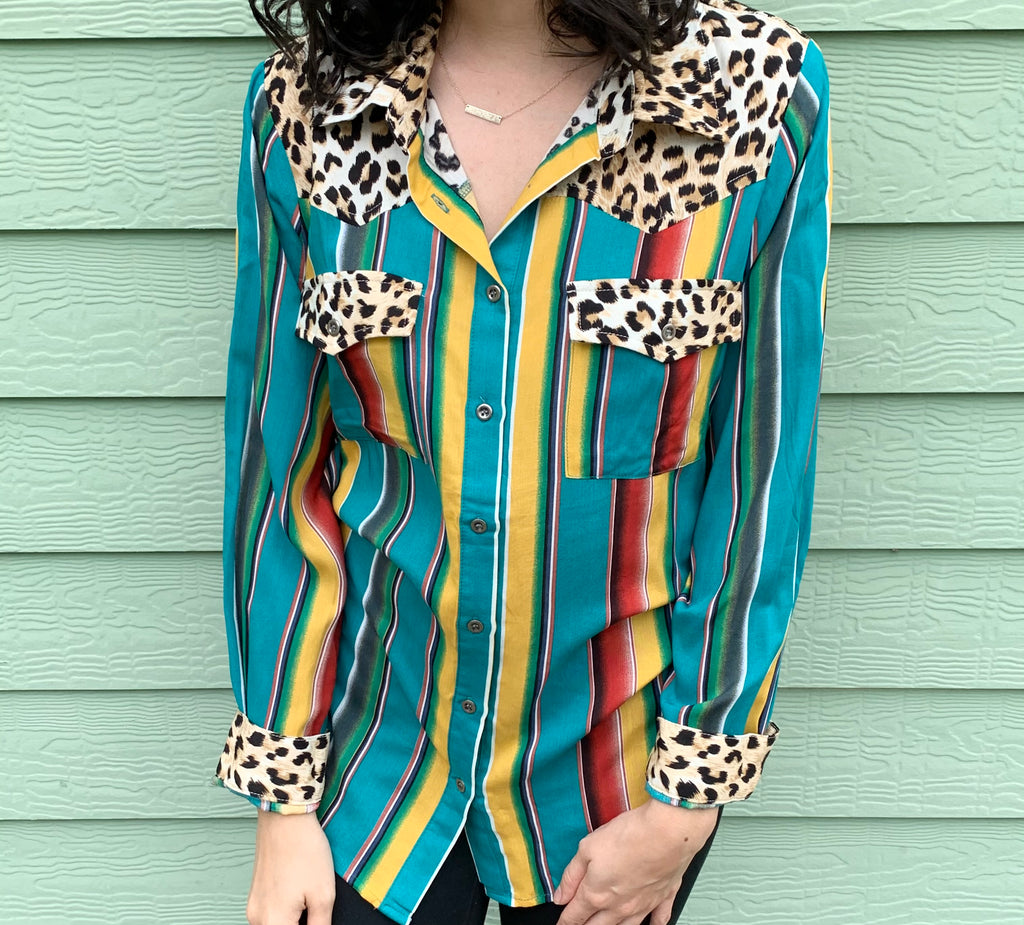 turquoise and leopard stripe top