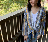 boho mustard and blue print cardigan with a front tie