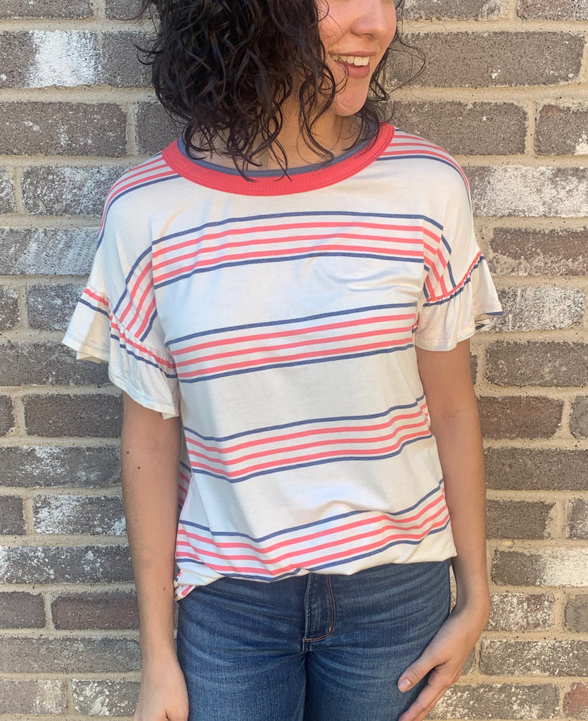 coral and blue striped tee with ruffle sleeves