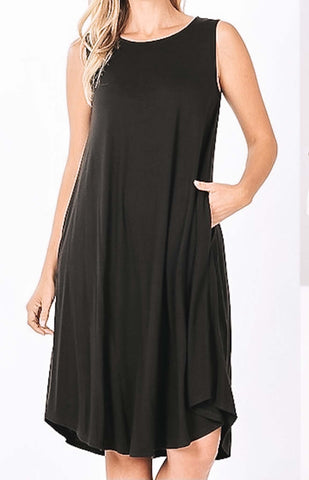 black sleeveless summer swing dress