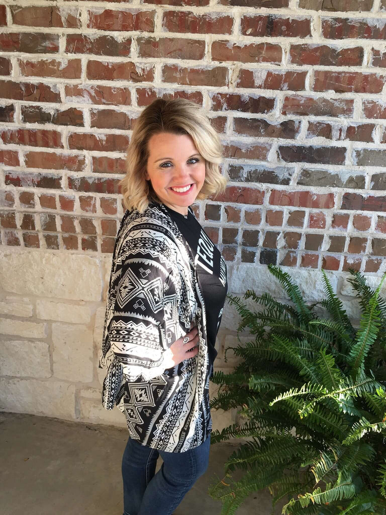 black and white Aztek kimono ovrlay in our boutique Aunt Lillie Bells
