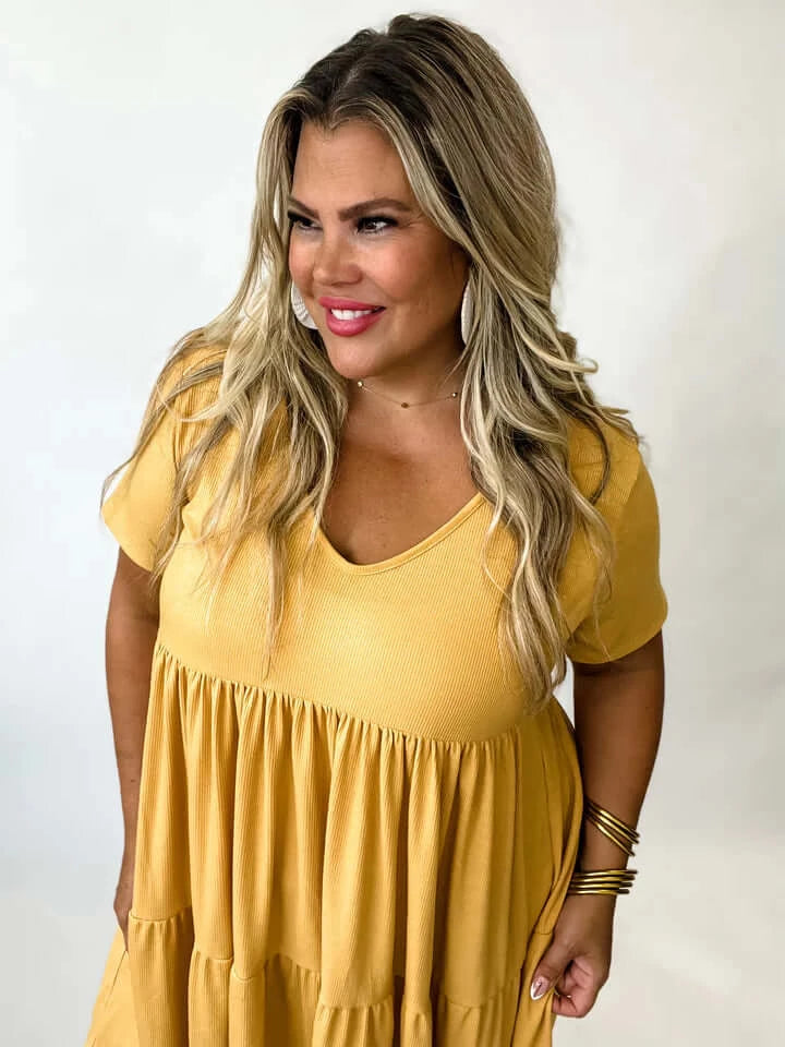 mustard baby doll dress  with a v-neck in our bestselling boutique aunt lillie bells