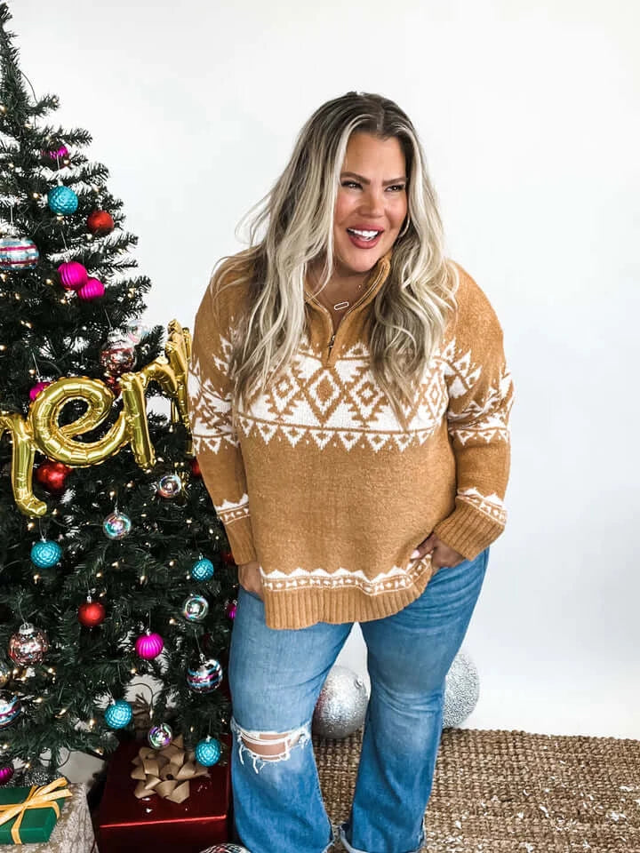 camel aztec print pullover zip sweater is a bestseller in our boutique aunt lillie bells