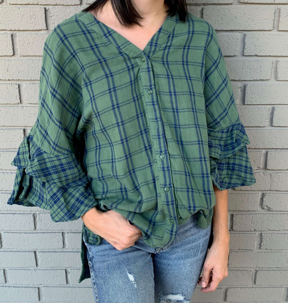 green plaid fall top with ruffle sleeves