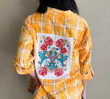 yellow mustard plaid flannel with boho back embroidery