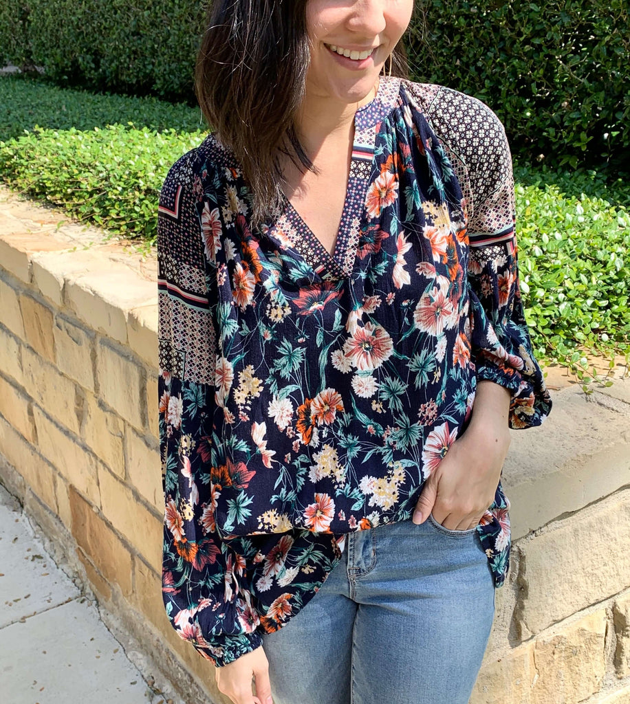 navy and floral boho blouse