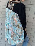 Embroidery top with blue and teal paisley print back
