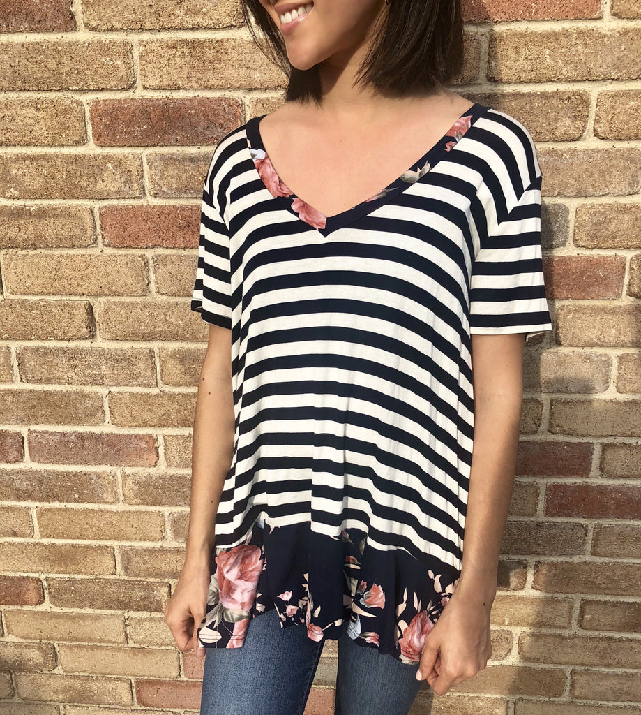 Navy Stripe and Floral Ruffle Top - Aunt Lillie Bells