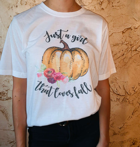 just a girl that loves fall graphic tee with a pumpkin