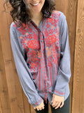 western embroidered blue top with pink and orange detail