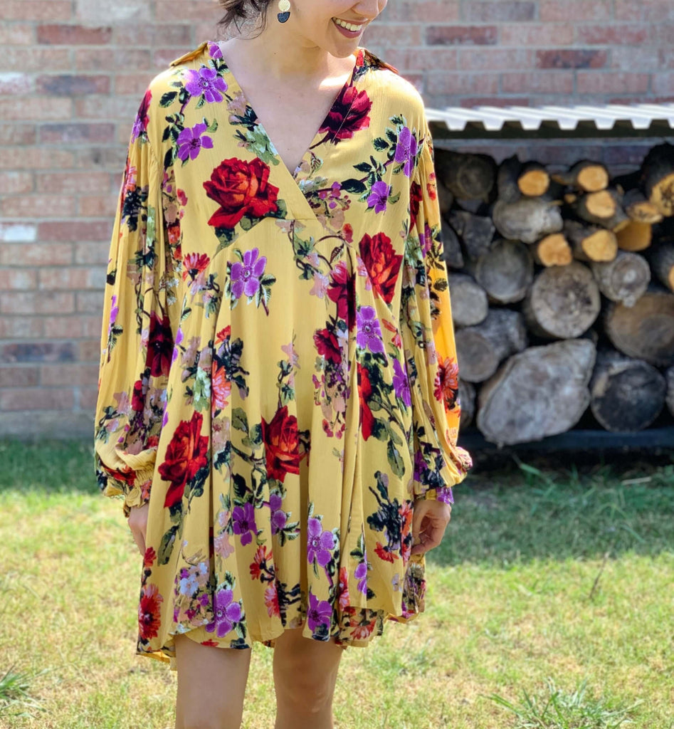 mustard fall floral dress from umgee in our boutique aunt lillie bells