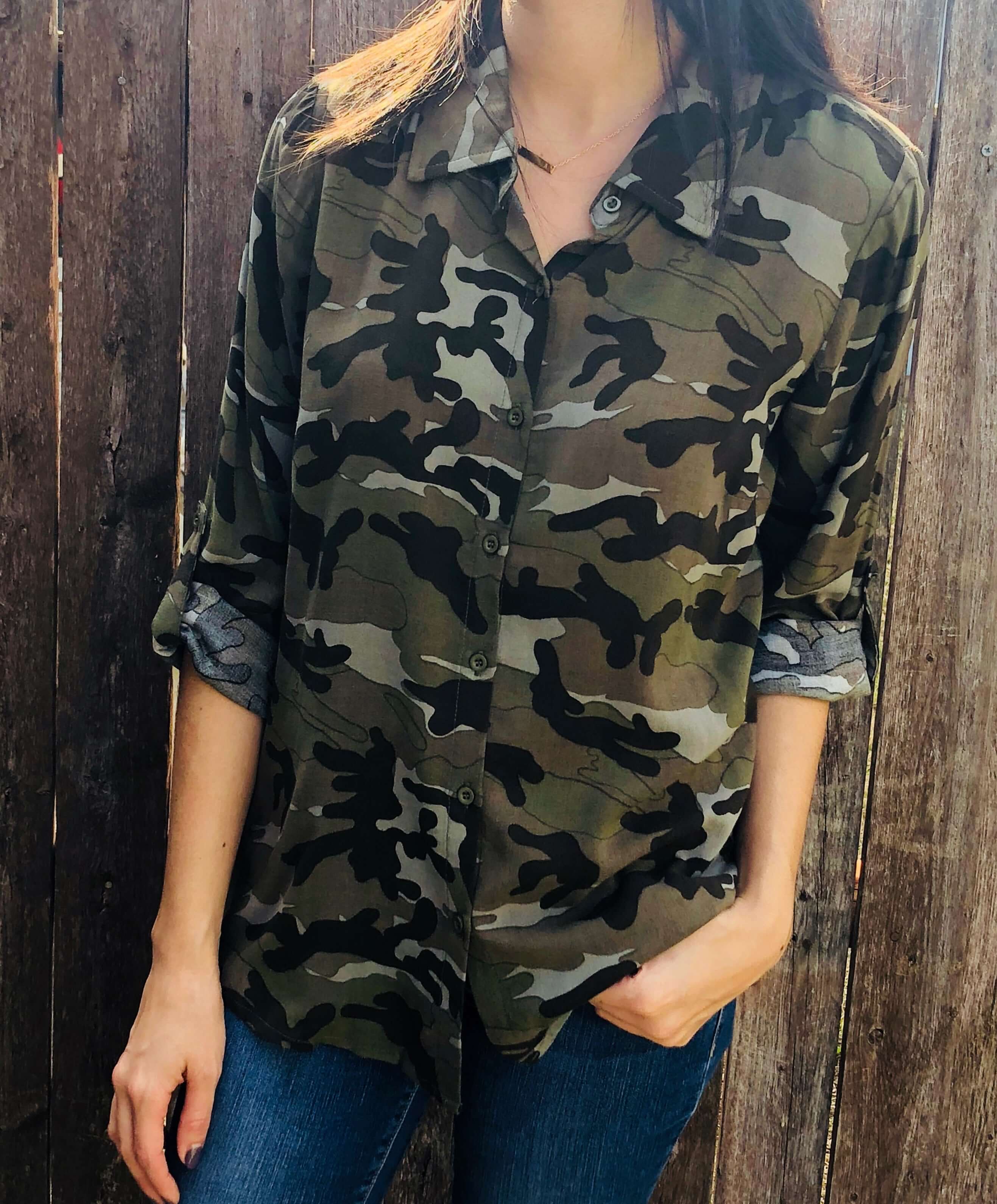 camouflage womens dress shirt Wrangler Camo Button Up Shirt Ruffle Collar I love this one so much I'm having to make me one Shop: https://pinkwhimsycollection.etsy.com/listing/4498367299 #camorufflecollar #rufflecollarpolo #huesofmalibu #camopoloshirt #rufflecollar