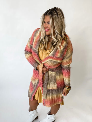 mustard, brown, and pink knited cardigan for fallt