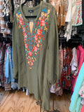 green fall blouse with front embroidery in our boutique aunt lillie bells