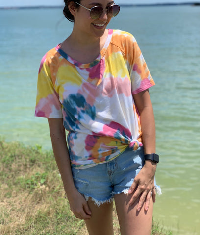 summer tie dye top in yellow and pink