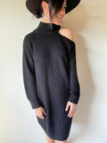 black sweater dress with one shoulder detail in our boutique aunt lillie bells