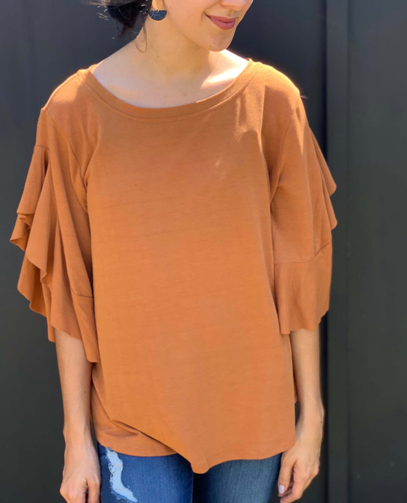 amber ruffle sleeve blouse for fall in our texas boutique