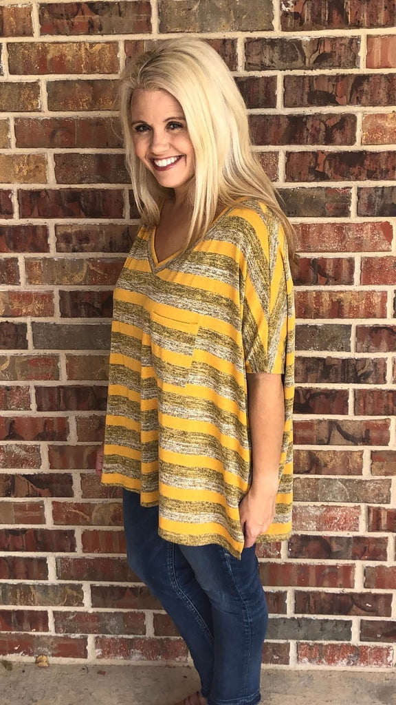 mustard stripe v-neck top in regular and plus sizes in our online boutique aunt lillie bells