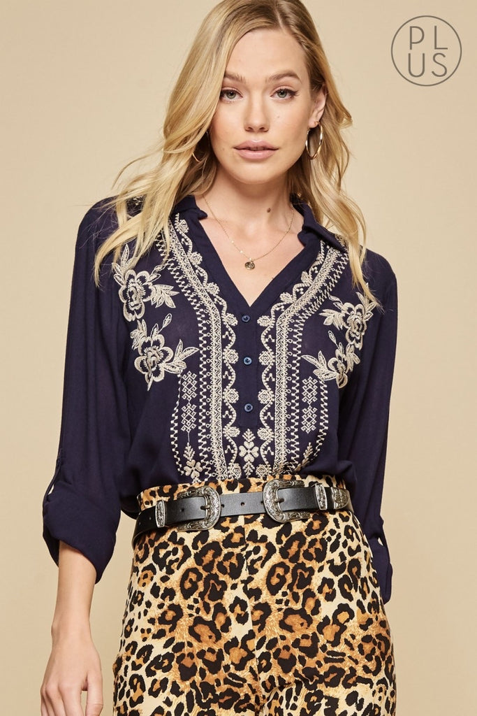 Navy Embroidery Top