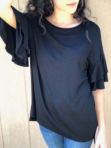 black ruffle sleeve top with sassy ruffle sleeves in aunt lillie bells boutique