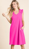 pink shift dress with ruffle perfect for summer weddings and vacation 